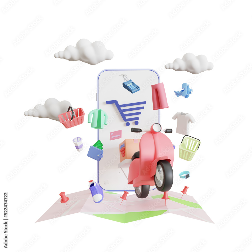 D Map pins, GPS, navigator pin checking points, and smartphone package by scooter on a shop mobile phone. Tracking courier application isolated on a transparent background D Map pins, GPS, navigator pin checking points, and smartphone package by scooter on a shop mobile phone. Tracking courier application isolated on a transparent background