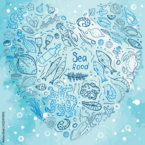 Set of doodle seafood on blue watercolor background. Vector illustration. Perfect for dessert menu or food package design.