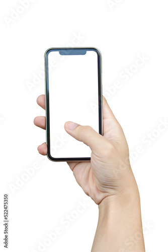 Man hand holding smartphone isolated on white with clipping path