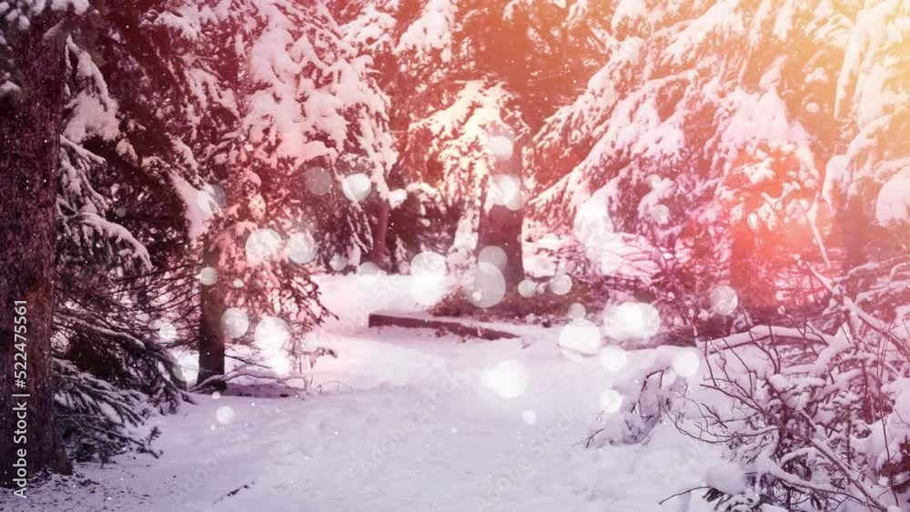 Animation of digital lens flare and snow falling on snow covered road amidst pine trees in forest Animation of digital lens flare and snow falling on snow covered road amidst pine trees in forest