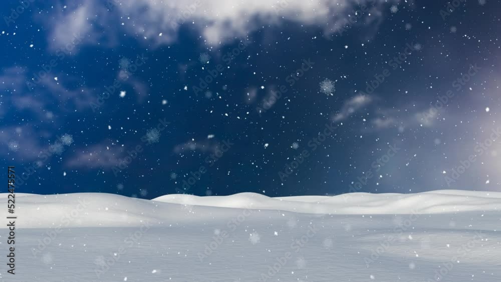 Animation of snowflakes and snow falling over snow covered landscape against blue sky