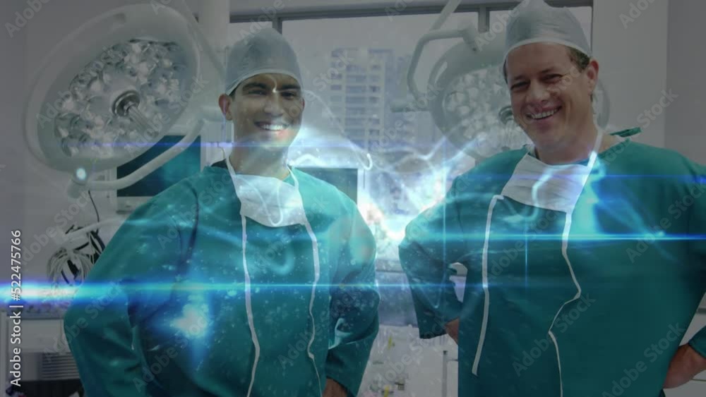 Animation with smiling caucasian male surgeons in operating room Animation with smiling caucasian male surgeons in operating room