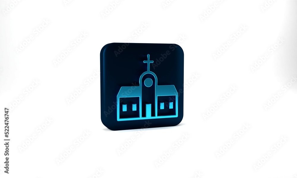 Blue Church building icon isolated on grey background. Christian Church. Religion of church. Blue square button. 3d illustration 3D render Blue Church building icon isolated on grey background. Christian Church. Religion of church. Blue square button. 3d illustration 3D render