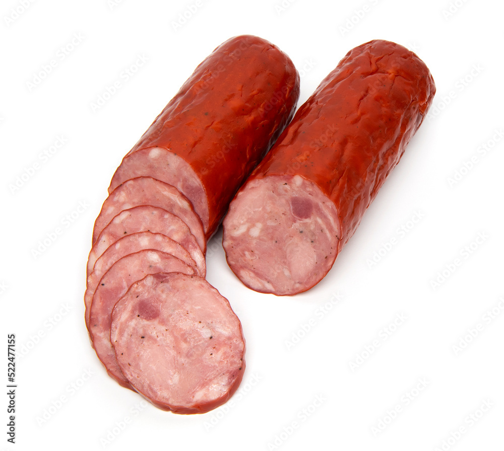 Smoked Ham Sausage or Pork Wurst, isolated on a white background Smoked Ham Sausage or Pork Wurst, isolated on a white background