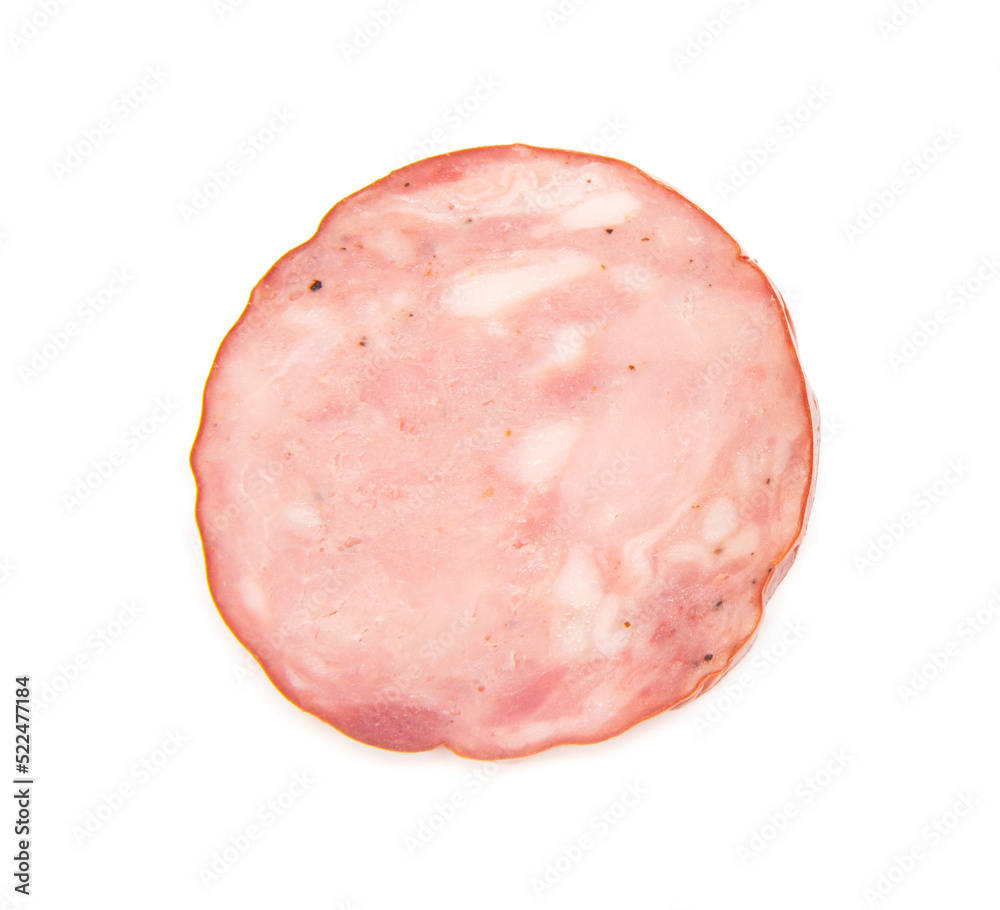 Slices of smoked ham wurst, isolated on a white background