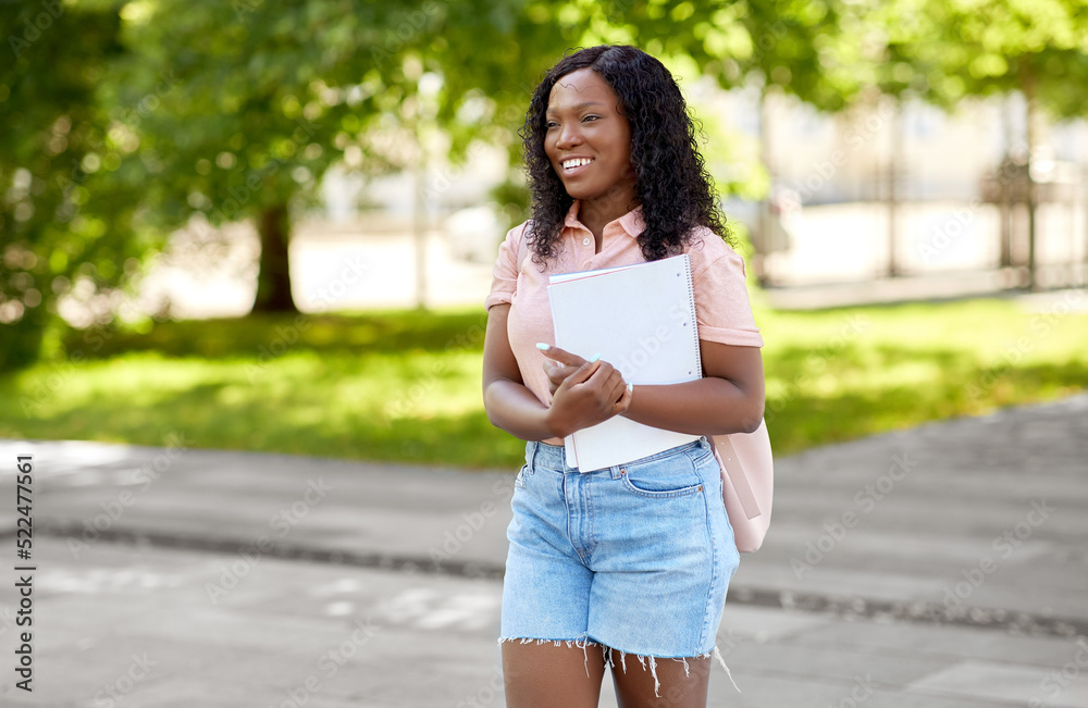 education, school and people concept - happy smiling african american student girl with notebooks in city