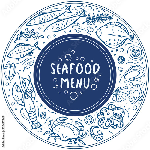 Set of doodle seafood on white background. Vector illustration. Perfect for dessert menu or food package design.