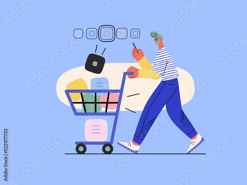 Online selecyion -Online shopping, electronic commerce illustration -modern flat vector concept illustration, man with a shopping cart and goods. Promotion, discounts, sale, online orders concept
