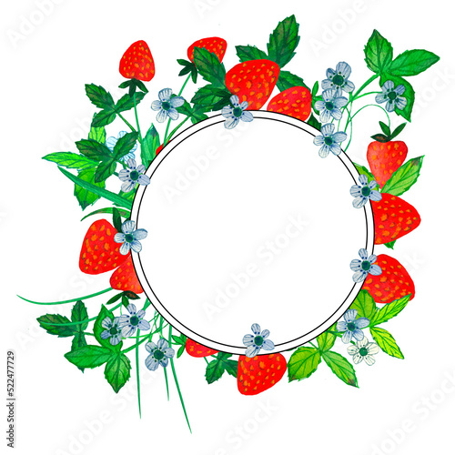 Frame. Strawberry bush with red berries and white flowers. Watercolor.