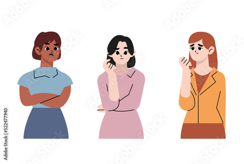 Set of various unhappy woman. Hand drawn style vector design illustrations.