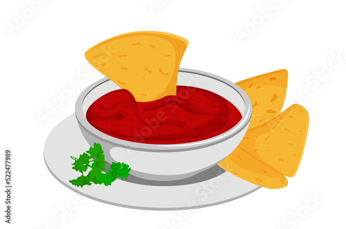 Nachos on a plate. Sauce. Mexican food. Mexico. Fast food. Fried. Isolated on white background. Corn tortilla chips Cartoon style. Vector illustration