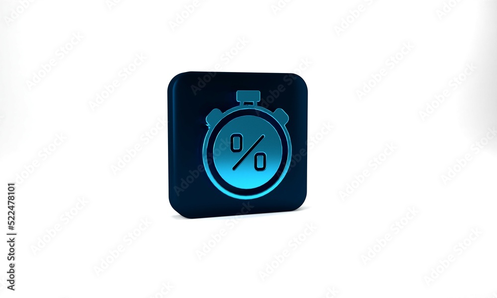 Blue Stopwatch with percent discount icon isolated on grey background. Time timer sign. Blue square button. 3d illustration 3D render