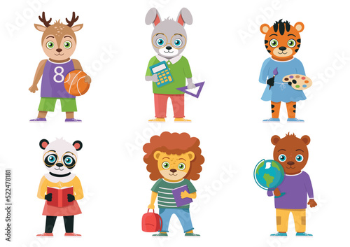 Fototapeta Naklejka Na Ścianę i Meble -  Schoolchildren. Characters animals with school elements (books, calculator, ball, paints, etc.). Lion, bear, deer, panda, tiger, hare. Vector graphic.