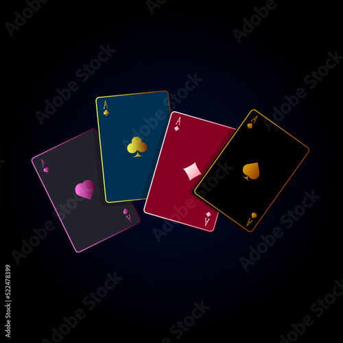 Vector illustration on the theme of gambling. Four aces of different colors and designs on a dark blue background. For online applications, advertising companies.