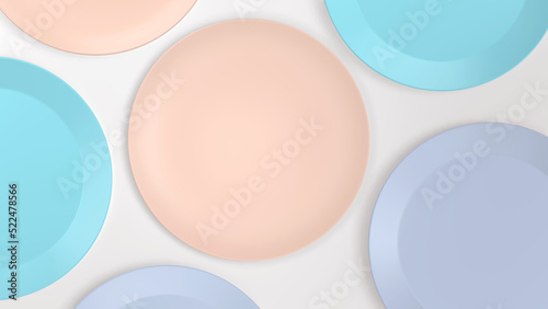 Colorful Baby Blue plate pink and green pastel coloured plates on white background. Top view 3d render