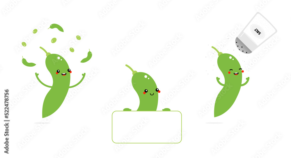 Fototapeta premium Set, collection of cute cartoon style edamame characters doing different activities. Holding card, banner in hands, juggling little beans, showering in salt. Conceptual edamame snacks design. 