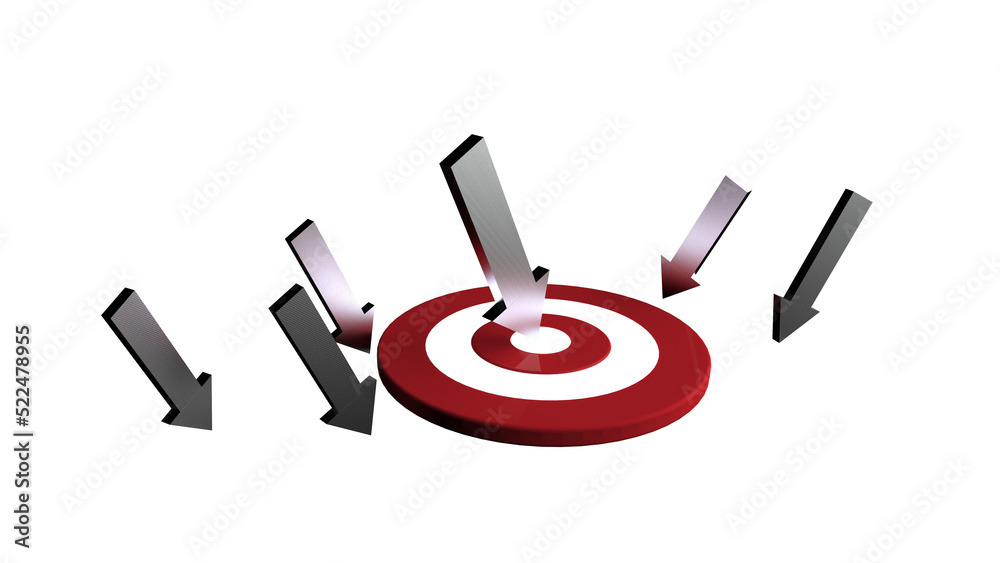 Silver arrow hit in the target. Business concept. 3D Illustration.