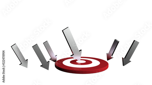 Silver arrow hit in the target. Business concept. 3D Illustration.