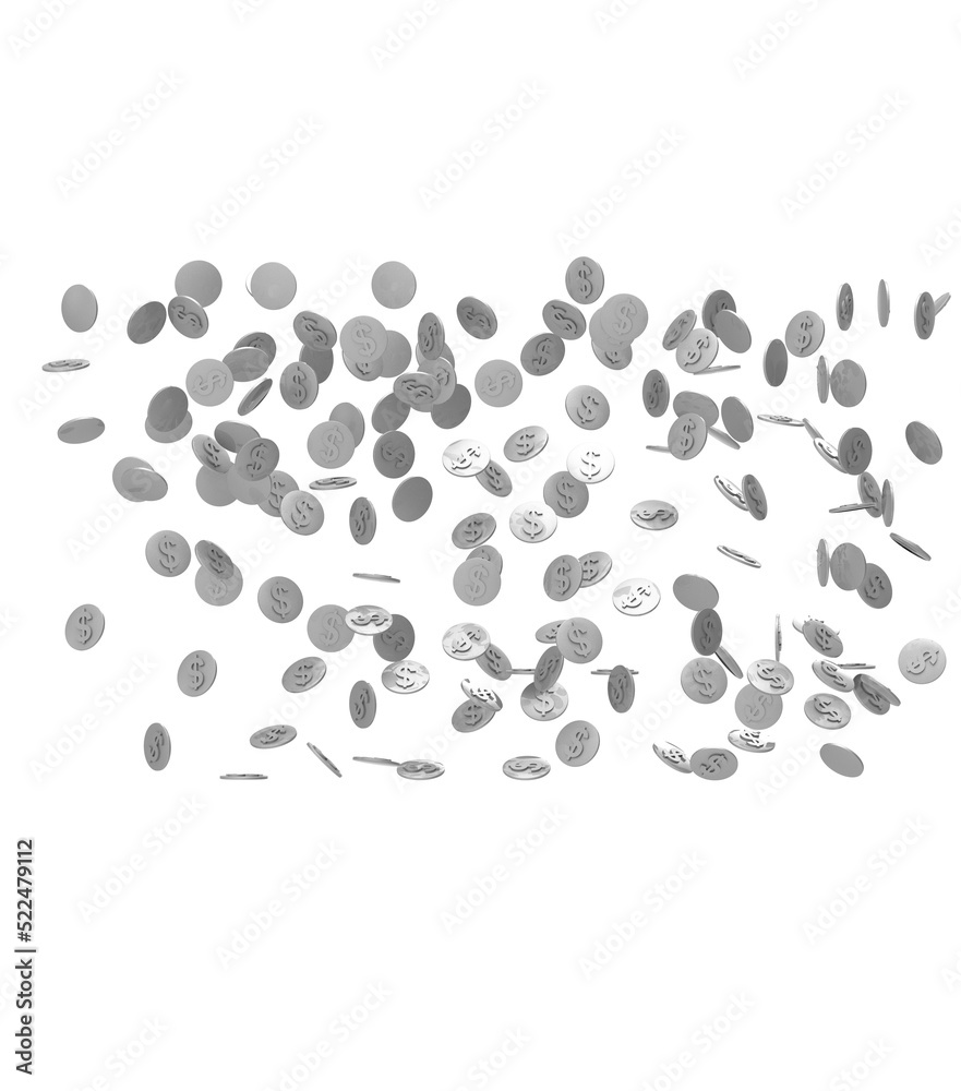 Falling silver coins from above isolated on transparent background. 3d illustration