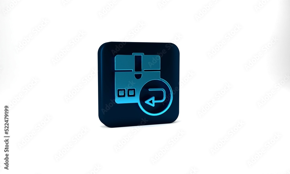 Blue Return cardboard box icon isolated on grey background. Box, package, parcel sign. Delivery and packaging. Blue square button. 3d illustration 3D render Blue Return cardboard box icon isolated on grey background. Box, package, parcel sign. Delivery and packaging. Blue square button. 3d illustration 3D render