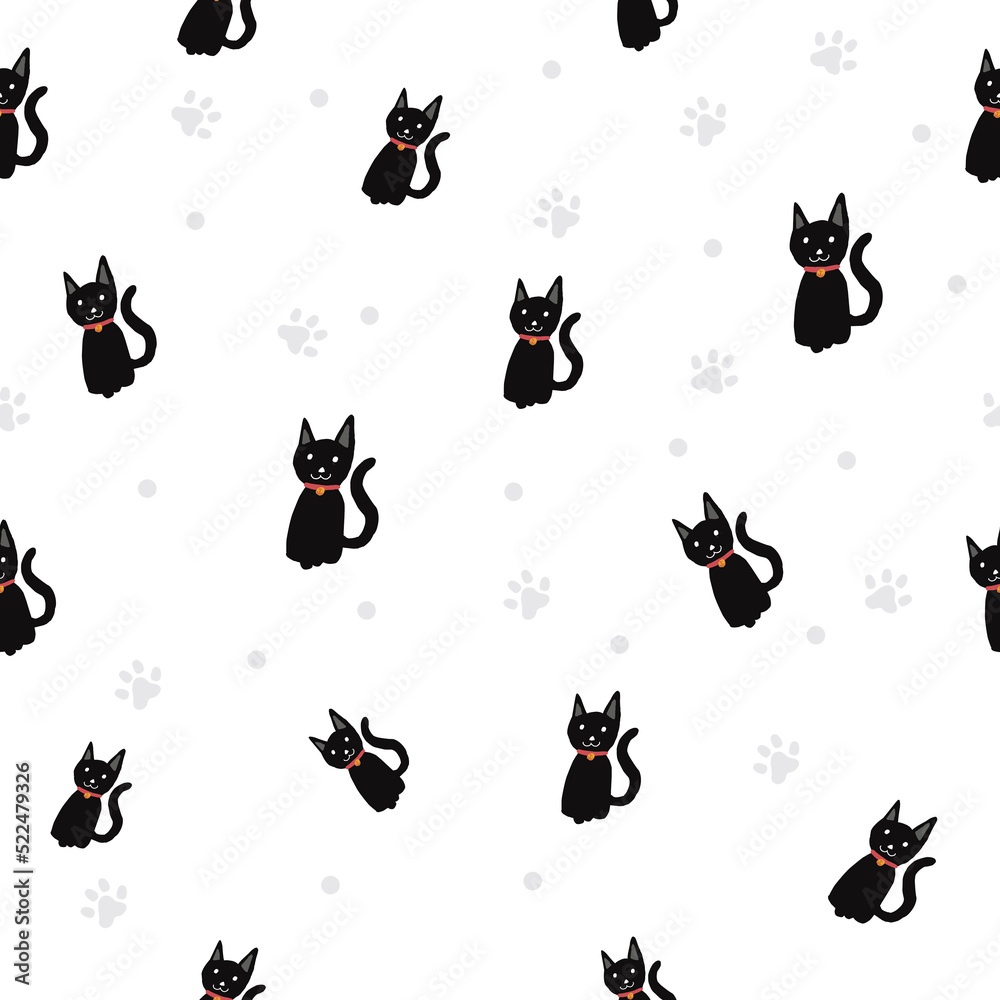 Black cat / Paw print seamless pattern background. Black cat / Paw print seamless pattern background.