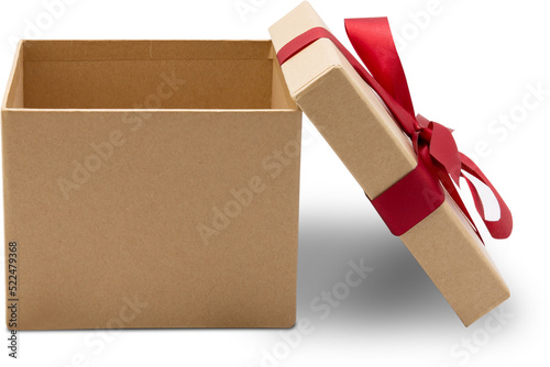Gift box open lid on isolated png file with romantic, presents for Christmas day or valentine day, package with congratulation, wrapped paper, spring for decoration, copy space, holiday concept. photo
