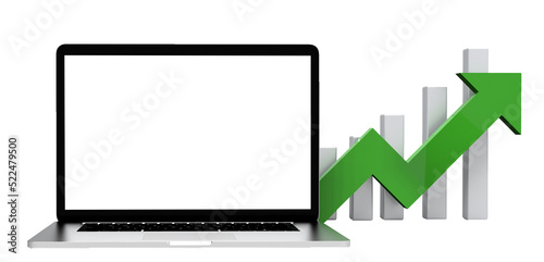 Modern laptop  isolated on white background with arrow chart. 3D Illustration.