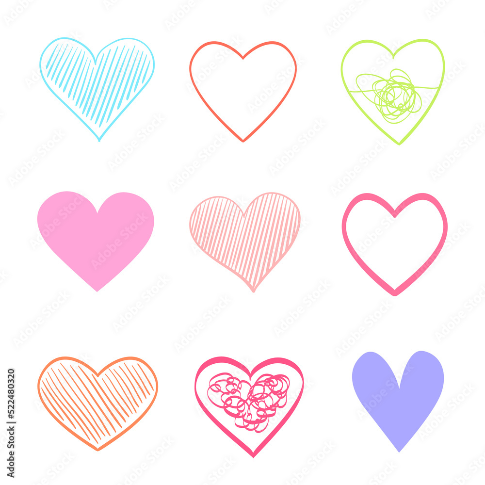 Hand drawn colorful hearts on isolated white background. Set of love signs. Unique abstract image for design. Line art creation. Colored illustration. Elements for poster or flyer