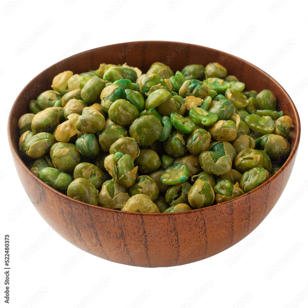 Salted green peas in wooden bowl mockup, Cutout. Salted green peas in wooden bowl mockup, Cutout.