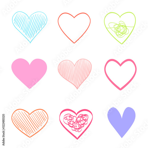 Hand drawn colorful hearts on isolated white background. Set of love signs. Unique abstract image for design. Line art creation. Colored illustration. Elements for poster or flyer