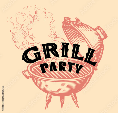 Grill party. Summer barbecue picnic in backyard with grilled food. Cookout BBQ concept. Sketch vector illustration