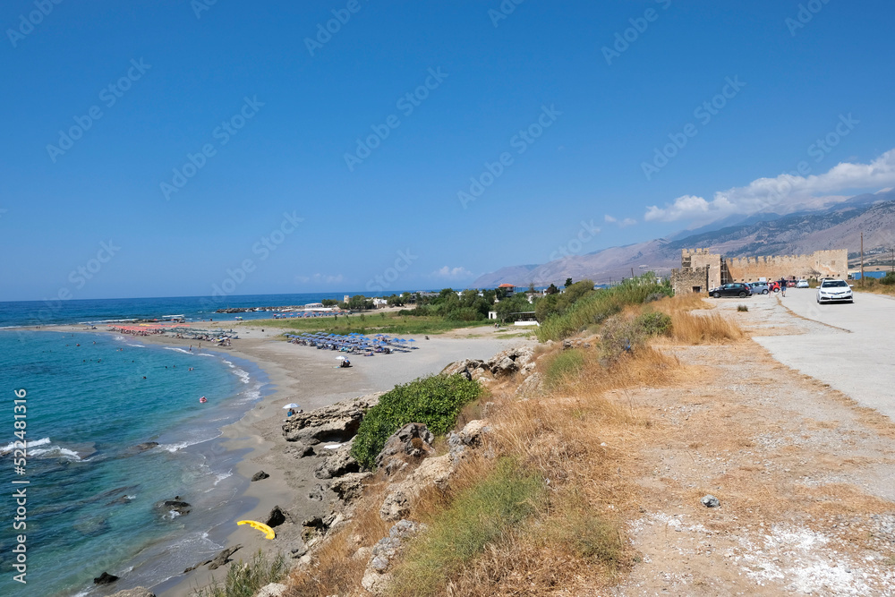 Frangokastello beach, Crete. A long sandy beach in front of  Venetian castle. Sfakia district, region of Chania
