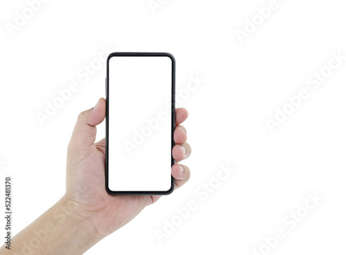 Man hand holding smartphone with blank screen on transparent background, Png file