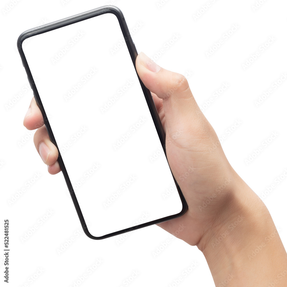 Hand holding smartphone with blank screen, Cutout. Hand holding smartphone with blank screen, Cutout.