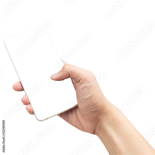 Hand using smartphone with blank screen, Cutout.
