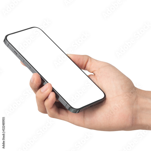 Man hand holding smartphone with blank screen, Cutout.