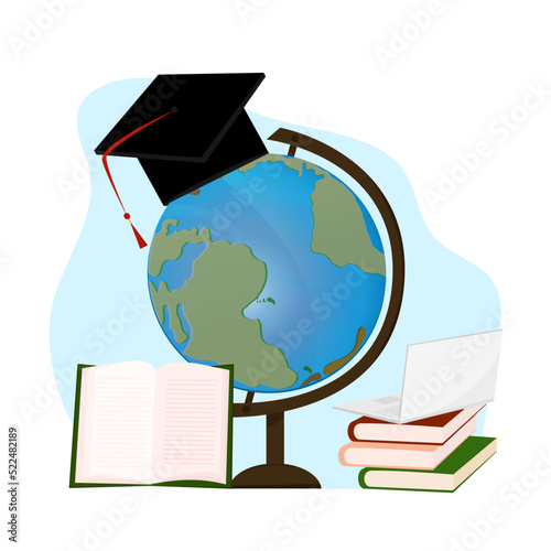 globe with a book and a laptop and a graduate hat. Worldwide global study and education. Cartoon vector illustration of a student and a schoolboy
