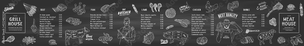 Restaurant Food Menu Design. Chicken legs, steaks, lamb ribs with vintage kitchenware kitchen utensils. Meat Fork and Butcher Cleaver and herbs knife. Sauces and ingredients for grilling. Vector. - obrazy, fototapety, plakaty 