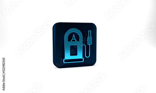 Blue Petrol or gas station icon isolated on grey background. Car fuel symbol. Gasoline pump. Blue square button. 3d illustration 3D render