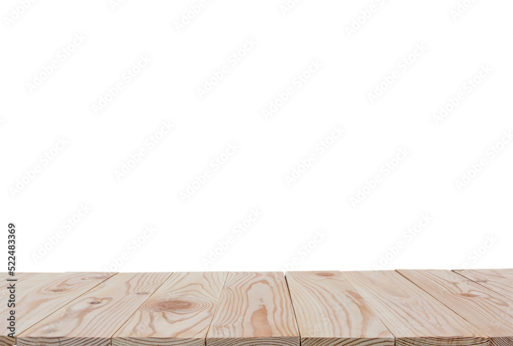 Empty wooden board table top isolated on white background with clipping path and copy space for display or montage your products