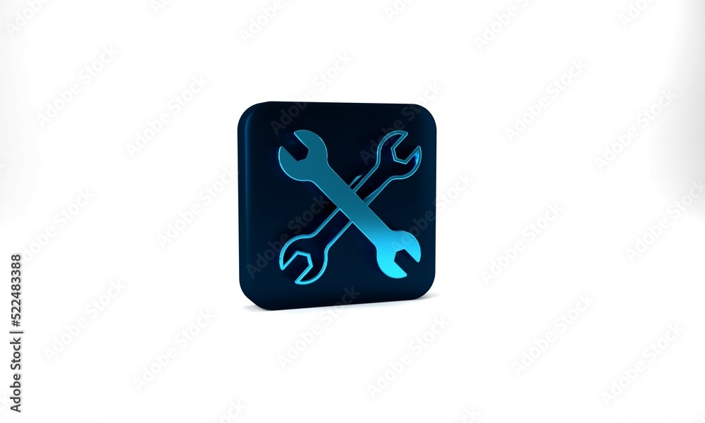 Blue Wrench spanner icon isolated on grey background. Spanner repair tool. Service tool symbol. Blue square button. 3d illustration 3D render Blue Wrench spanner icon isolated on grey background. Spanner repair tool. Service tool symbol. Blue square button. 3d illustration 3D render
