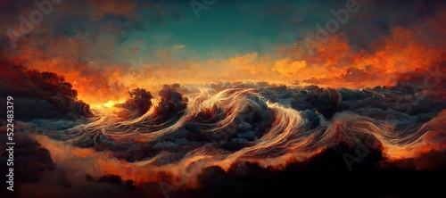 Dramatic fiery Armageddon seascape  impossibly turbulent surreal hurricane storm clouds and unreal burning sunset horizon. Gloomy overcast post apocalyptic climate disaster  digital painting.