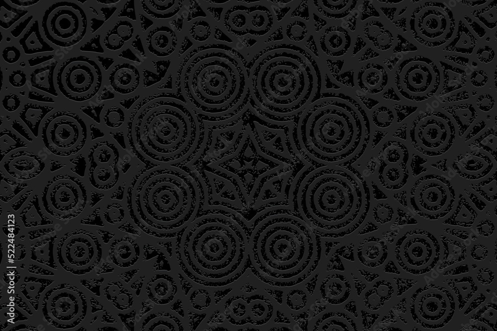 Embossed black background, ethnic vintage cover design. Geometric 3D pattern, hand drawn, tribal doodling texture. Exotic ornaments of the East, Asia, India, Mexico, Aztecs, Peru.