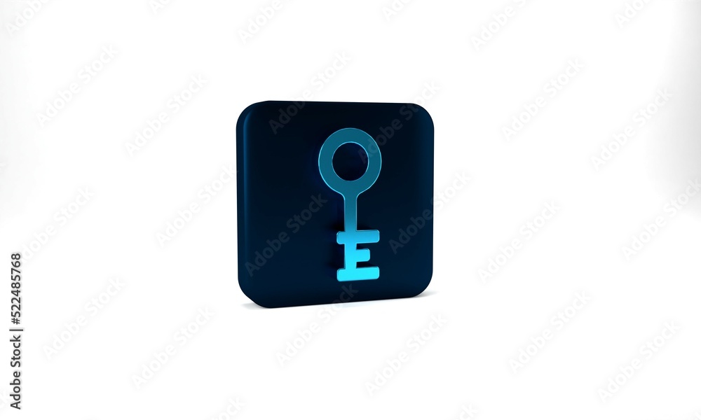 Blue Old key icon isolated on grey background. Blue square button. 3d illustration 3D render Blue Old key icon isolated on grey background. Blue square button. 3d illustration 3D render