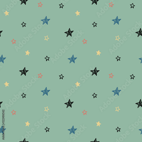 Seamless pattern with doodle stars on green background. Childish simple picture for kids textiles