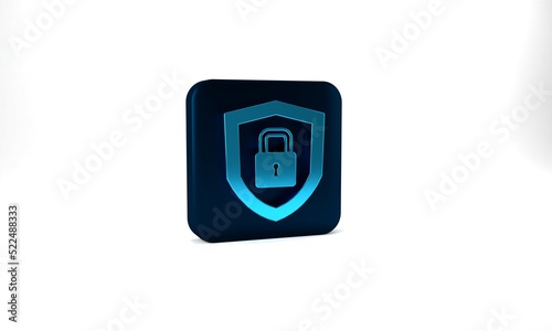 Blue Shield security with lock icon isolated on grey background. Protection, safety, password security. Firewall access privacy sign. Blue square button. 3d illustration 3D render