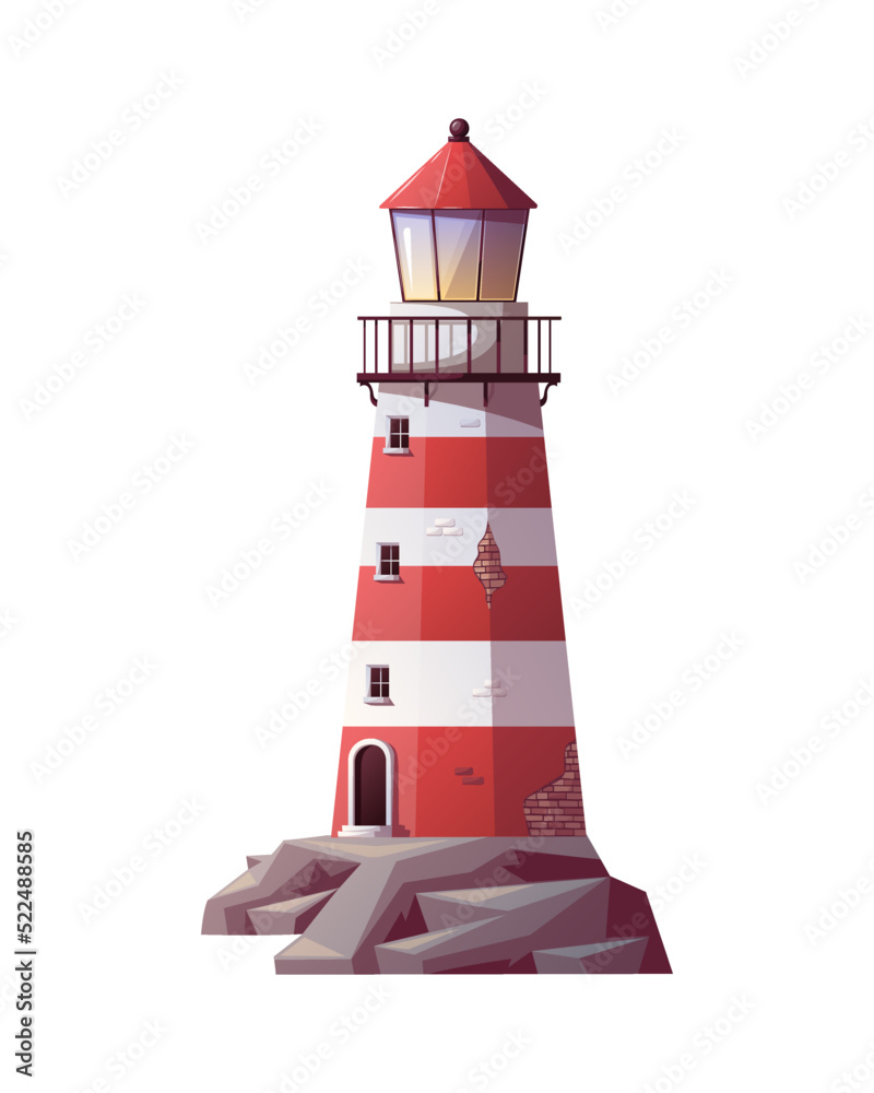 Lighthouse on the sea rock. Maritime, sea coast, marine life, nautical concept. Vector illustration. 
