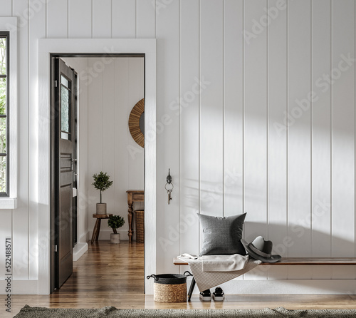 Photographie Home mockup, farmhouse hallway interior background, 3d render