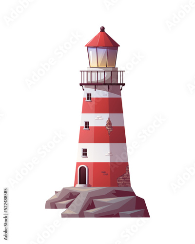 Lighthouse on the sea rock. Maritime, sea coast, marine life, nautical concept. Vector illustration. 