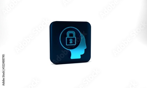 Blue Lock icon isolated on grey background. Padlock sign. Security, safety, protection, privacy concept. Blue square button. 3d illustration 3D render